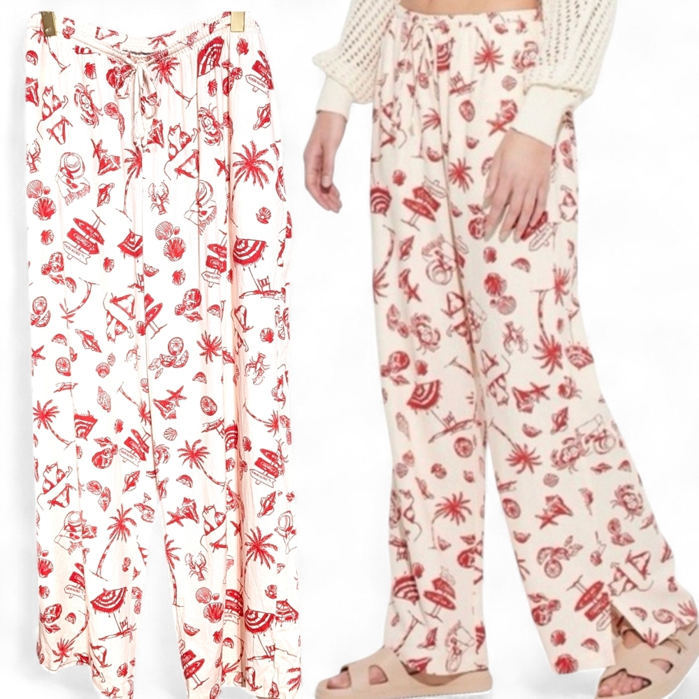 🏖️ NWT Wild Fable Beach Print Wide Leg Pants XXL Linen/Rayon Blend Cream/Red🏖️